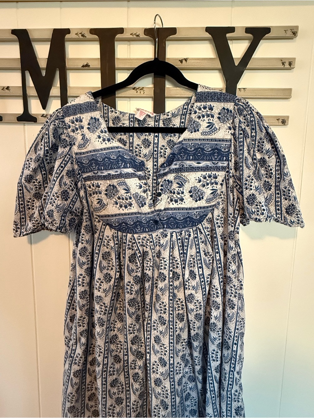 Sita Boho style, Blue and White Printed Midi Dress